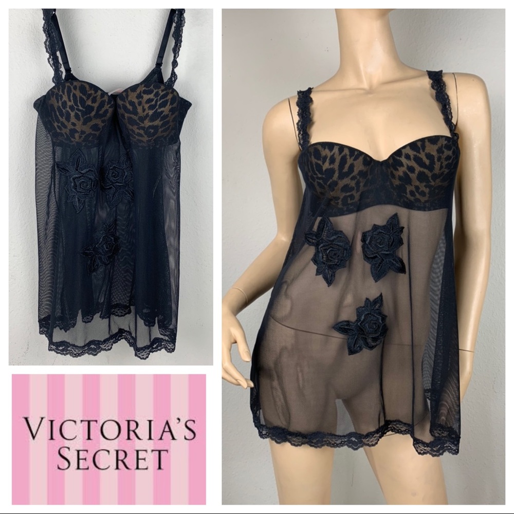 Victoria’s Secret Sexy Sheer Baby Doll Teddy Chemise Black Lingerie Cami Slip